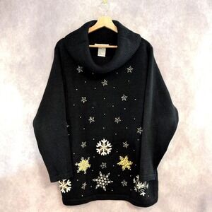 Vintage Victoria Jones Womens Black Beaded Snowflakes Cowl Neck Heavy Sweater XL